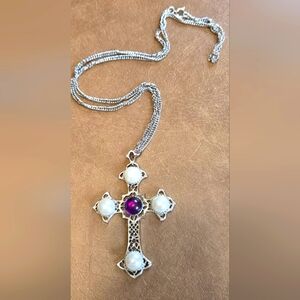 Sarah Coventry Vintage Crusader Silver and Purple Cross Necklace